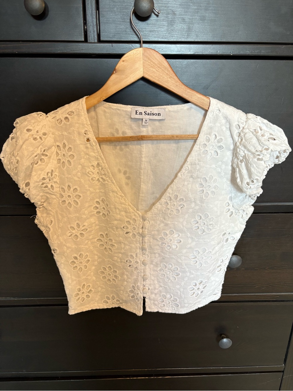 En Saison Cream Eyelet V-Neck Puff Sleeve Crop Top